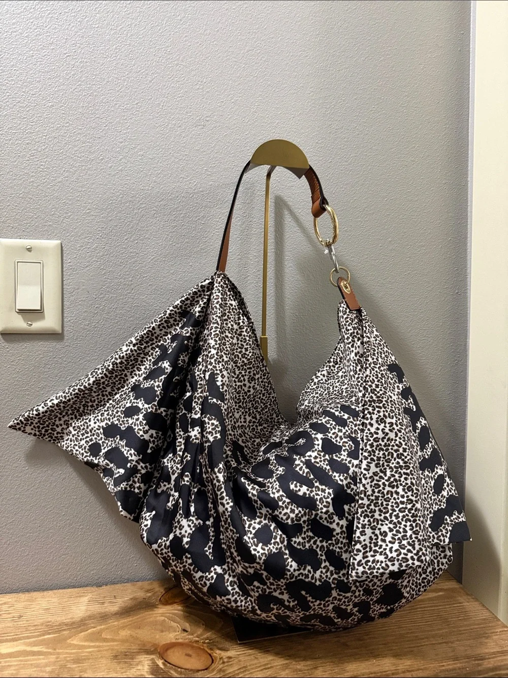 Vince Camuto Black and Brown Leopard Silky Shoulder Bag
